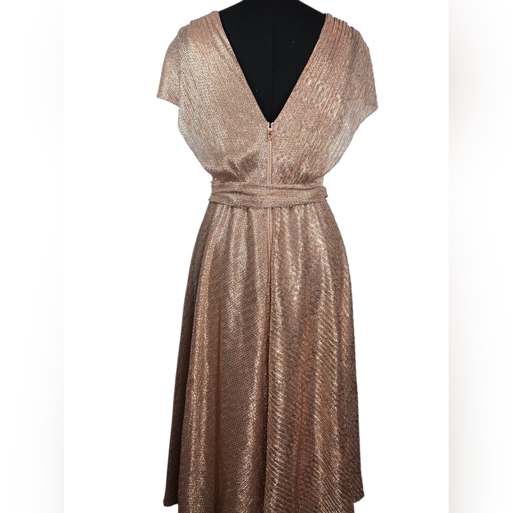 NWT $405 Alice + Olivia Darva Faux Wrap Midi Dress 6 | Rose Gold Lamé Metallic - Picture 12 of 16